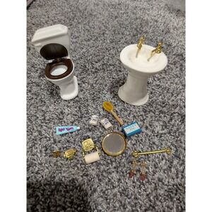 Dollhouse Miniature 1:12 Vtg Porcelain Bathroom Sink Toilet + Accessories